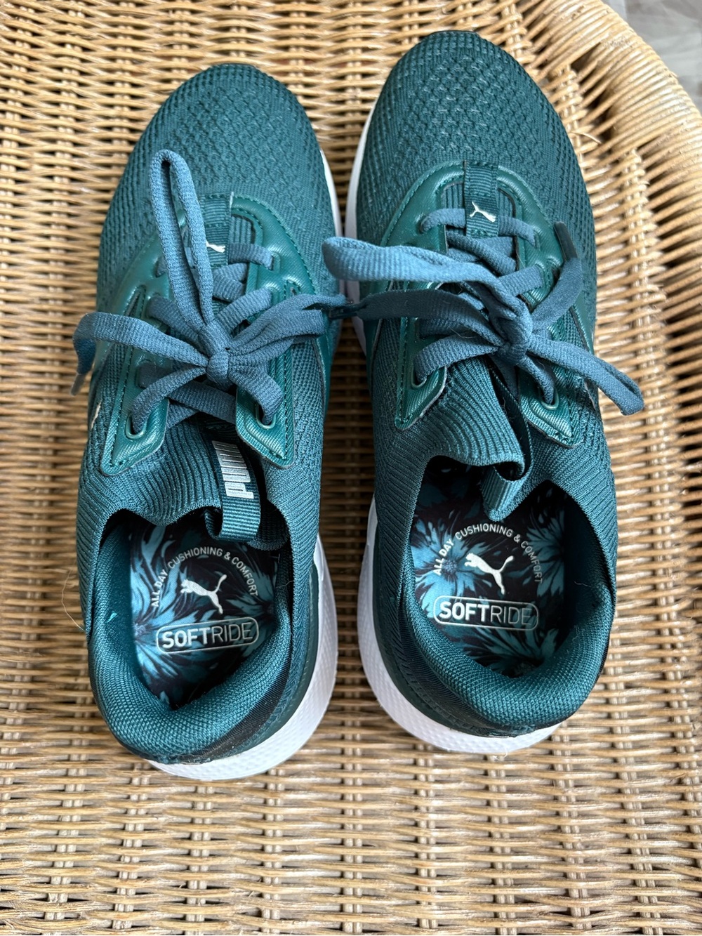 Puma Women’s Dark Forest Green Knit Running Sneakers with White Midsole - Picture 3 of 5